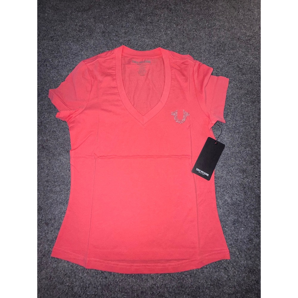 True Religion Womens V-Neck Rhinestone Wing Tee Coral Pink Small NWT